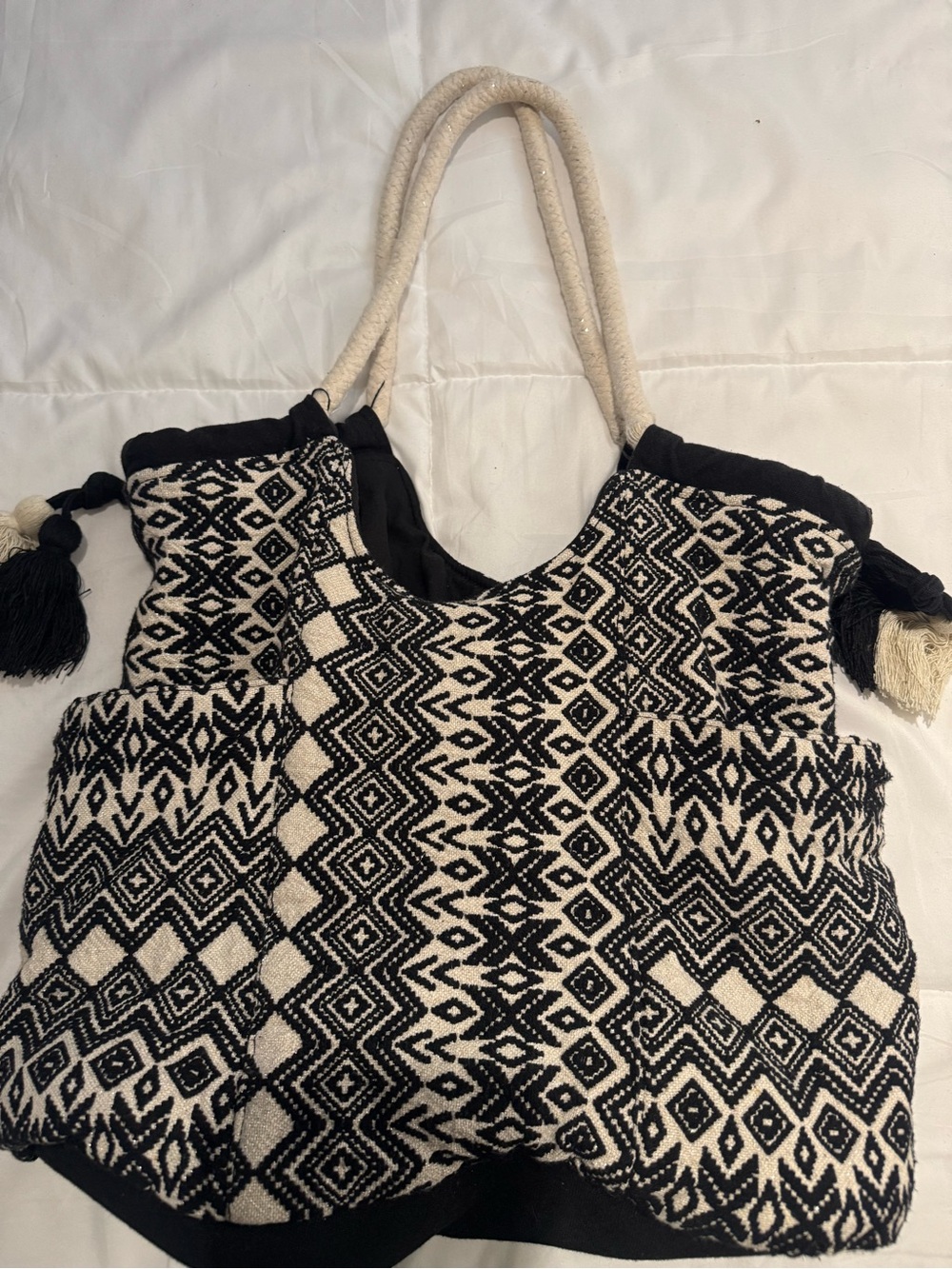 Black & Cream Woven Tote Bag with Rope Handles